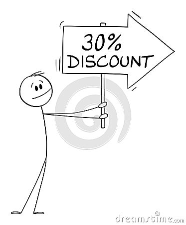 Person or Businessman Holding 30 or Thirty Percent Discount Arrow Sign and Pointing at Something, Vector Cartoon Stick Vector Illustration