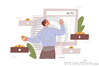 Person with calculator, counting finance, planning, distributing budget. Financial concept. Diversification of money Vector Illustration