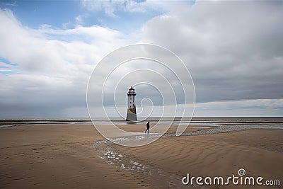 person, capturing the solitary beauty of a lighthouse on an empty beach Stock Photo