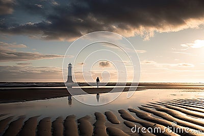 person, capturing the solitary beauty of a lighthouse on an empty beach Stock Photo