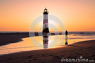 person, capturing the solitary beauty of a lighthouse on an empty beach Stock Photo