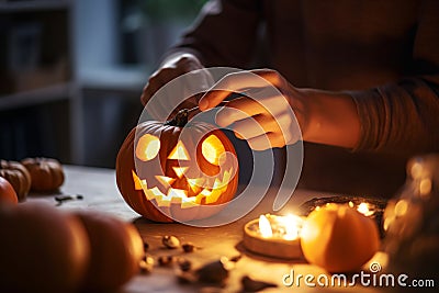 Person crafting a jack-o-lantern in warm candlelight, enhancing the cozy Halloween ambiance. Stock Photo