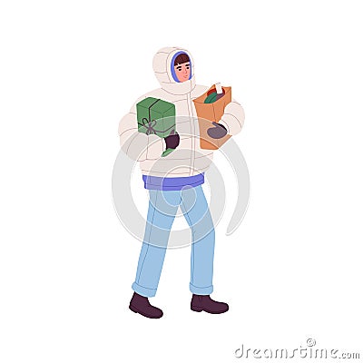 Person carrying grocery bag and Christmas gift box after winter holiday shopping. Happy buyer walking outdoors with Vector Illustration