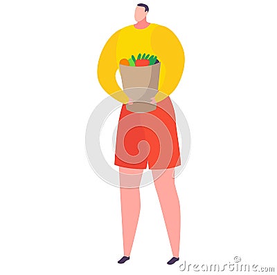 Person carrying grocery bag full of vegetables, wearing yellow top and red shorts. Shopper with fresh produce, healthy Vector Illustration