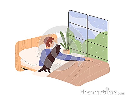 Person and cat looking through window and rain outside. Man lying and relaxing in comfort in cozy bed under blanket at Vector Illustration