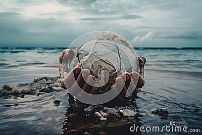 A person catches plastic waste floating on the surface of the sea with his hand, pollution of the world ocean,generative Stock Photo