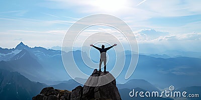 Person Celebrates Success Atop A Mountain, Arms Spread Wide To Embrace New Opportunities Stock Photo