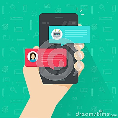 Person chatting with chatbot in mobile phone vector, flat cartoon smartphone with chat bot discussion, cellphone Vector Illustration