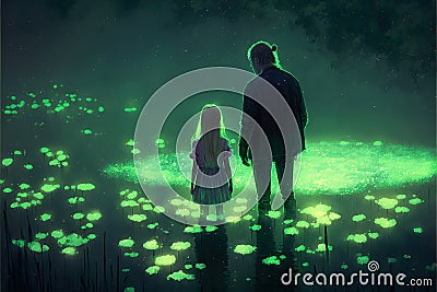 Person and child observing luminescent green swamp in mystical forest. illustration painting Cartoon Illustration
