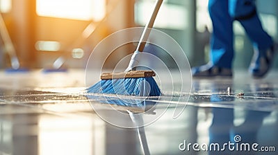 Person cleaning the floor with a blue broom Stock Photo