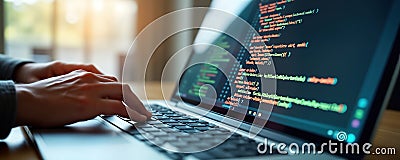 Person codes on laptop with javascript, binary code. Modern tech, future trends. Mobile app dev concept. Programmer works on Stock Photo