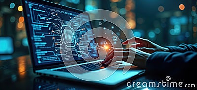 Person codes on laptop. Modern tech interface. Innovation, programming concept. Focus on software development. Hands typing on Stock Photo