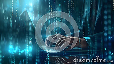 Person Coding on Laptop with Digital Data Visualization, futuristic cyber space finance AI chatbot artificial business Stock Photo