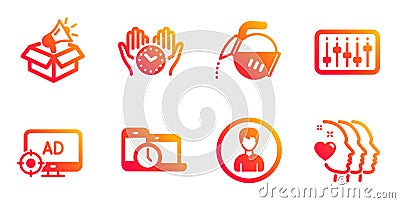 Person, Coffee pot and Dj controller icons set. Time management, Megaphone box and Seo adblock signs. Vector Vector Illustration