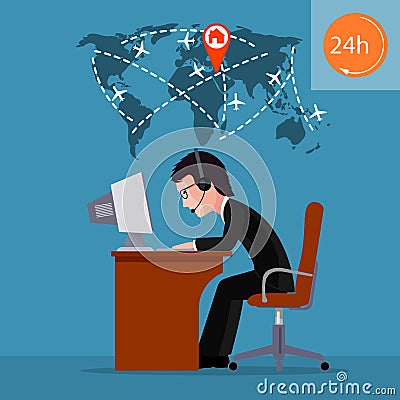 Person at the computer. Employee of call center. Air traffic controller. Vector Illustration