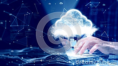 A person is connecting to the Internet through a notebook computer to upload and download data to cloud technology or edge Stock Photo