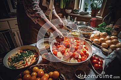person, cooking authentic italian cuisine for family dinner Stock Photo