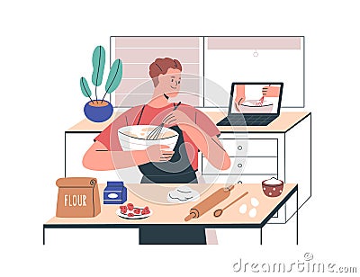 Person cooking food at home, watching culinary courses online at laptop. Man in apron at kitchen looking remote lesson Vector Illustration