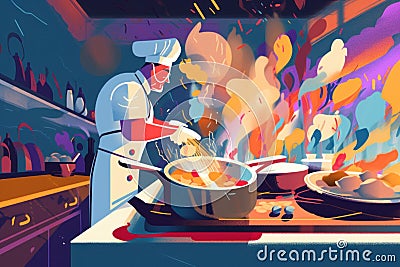 A person cooking food in a kitchen with a fire in the background. AI generative image. Stock Photo