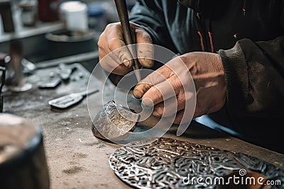person, crafting intricate metalwork for foundry products Stock Photo