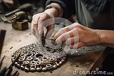 person, crafting intricate metalwork for foundry products Stock Photo