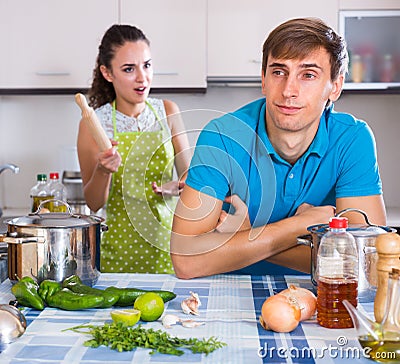 Person criticizing young spouse Stock Photo