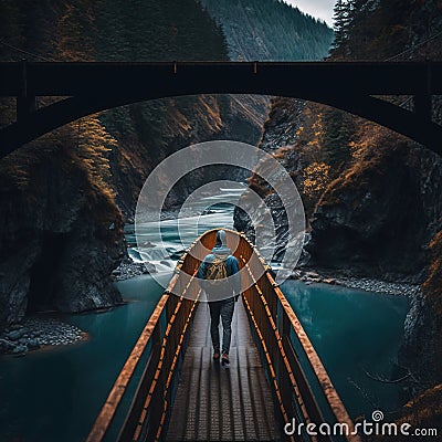 A person crossing a bridge over a gorge in a national park Stock Photo