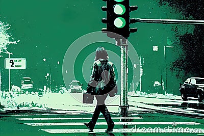 person, crossing green light, on their way to work or school Stock Photo
