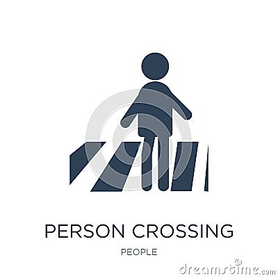 person crossing street on crosswalk icon in trendy design style. person crossing street on crosswalk icon isolated on white Vector Illustration