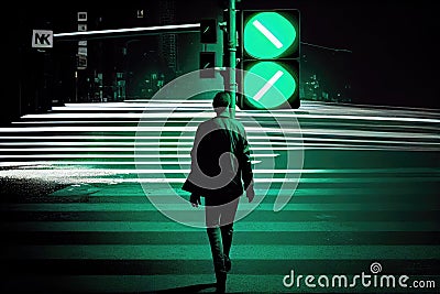 person, crossing the street, with green light in view Stock Photo