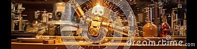 A person cutting a piece of metal with a grinder. Generative AI image. Stock Photo
