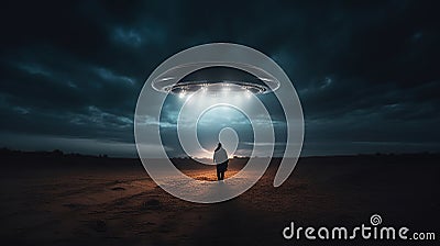 Person in the dark field looking at a strange UFO with bright lights. Generative AI Stock Photo