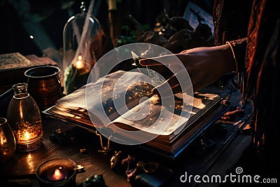 person, delving into magical book, learning new spells and enchantments Stock Photo