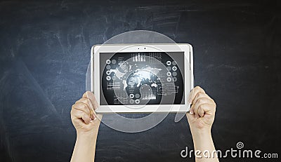 Person demonstrate tablet pc . Mixed media Stock Photo