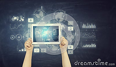 Person demonstrate tablet pc . Mixed media Stock Photo