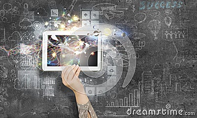 Person demonstrate tablet pc . Mixed media Stock Photo