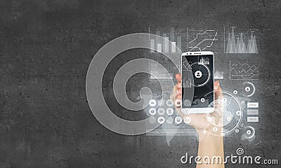 Person demonstrate tablet pc . Mixed media Stock Photo
