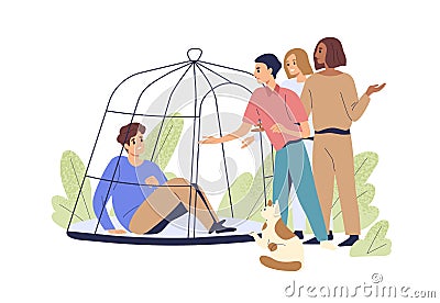 Person with depression and fear. Friends open cage and help victim to become free from mental problem, rescue depressed Vector Illustration