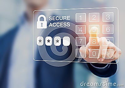 Person dialing password, virtual screen digital keypad, secure access, security Stock Photo