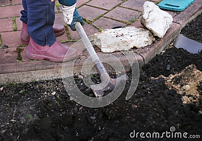 Person diggin ground in a garden. Agriculture consept. Stock Photo