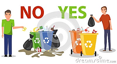 Person disposed improperly throwing away garbage on the floor. Correct and wrong behavior of littering waste.Littering garbage. Li Cartoon Illustration