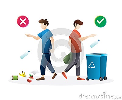 Correct and wrong behavior of littering waste Vector Illustration