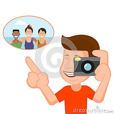 Person does a photo of the cheerful company. Vector Illustration