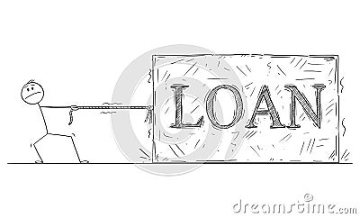 Person Dragging Loan Burden, Vector Cartoon Stick Figure Illustration Vector Illustration