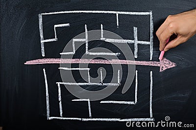 Person Drawing Straight Red Line Over Maze Stock Photo