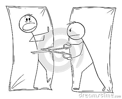 Drawn Person Cutting Another Man Drawn on Paper with Scissors, Vector Cartoon Stick Figure Illustration Vector Illustration