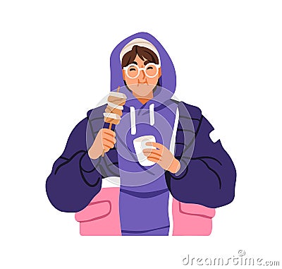 Person eating Korean street fast food. Happy guy holding and enjoying sotteok, rice and sausage skewer, grilled takeaway Vector Illustration