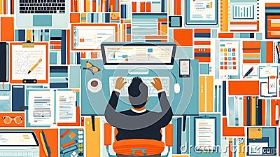 A Person Efficiently Manages Multiple Documents and Data on a Desk, Utilizing Technology for Enhanced Productivity Stock Photo
