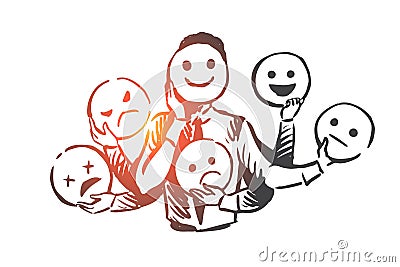 Person, emotions, mask, face, mood concept. Hand drawn isolated vector. Cartoon Illustration