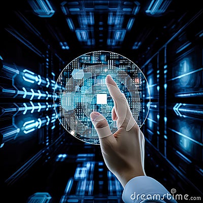A Person Engages with a Futuristic Digital Screen, Unveiling the Complex Network of Symbols, Circuits, and Data Visualizations Stock Photo